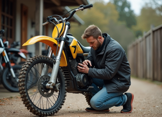 Homme inspectant un moteur de motocross 125cc en extérieur