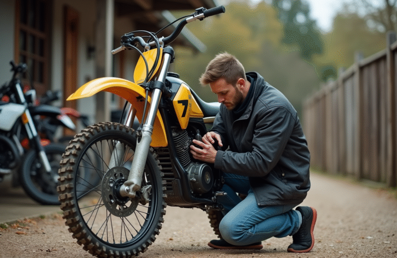 Homme inspectant un moteur de motocross 125cc en extérieur