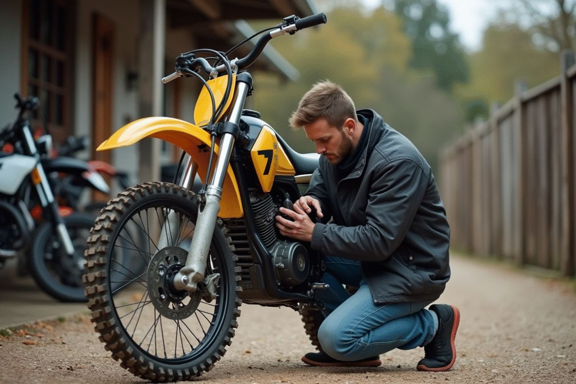 Homme inspectant un moteur de motocross 125cc en extérieur