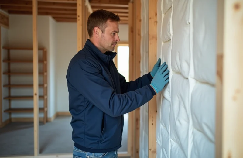 Ouvrier isolant dans une maison moderne en construction