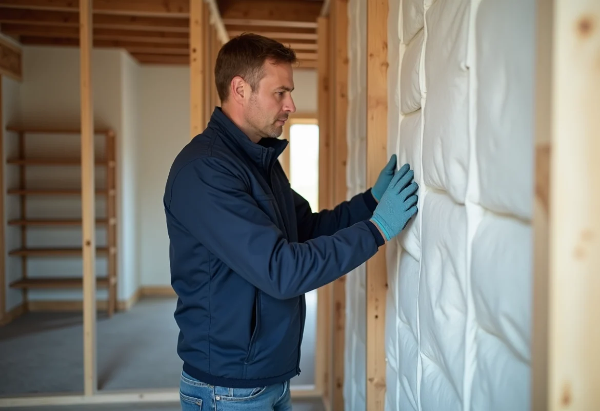 Ouvrier isolant dans une maison moderne en construction