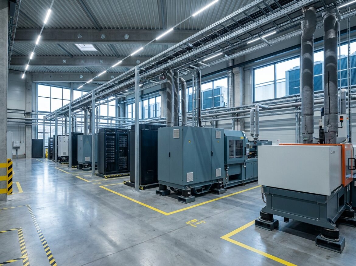 Vue intérieure d'une installation industrielle avec machines lourdes et circuit de refroidissement connecté à un dry cooler externe via des tuyaux isolés au plafond