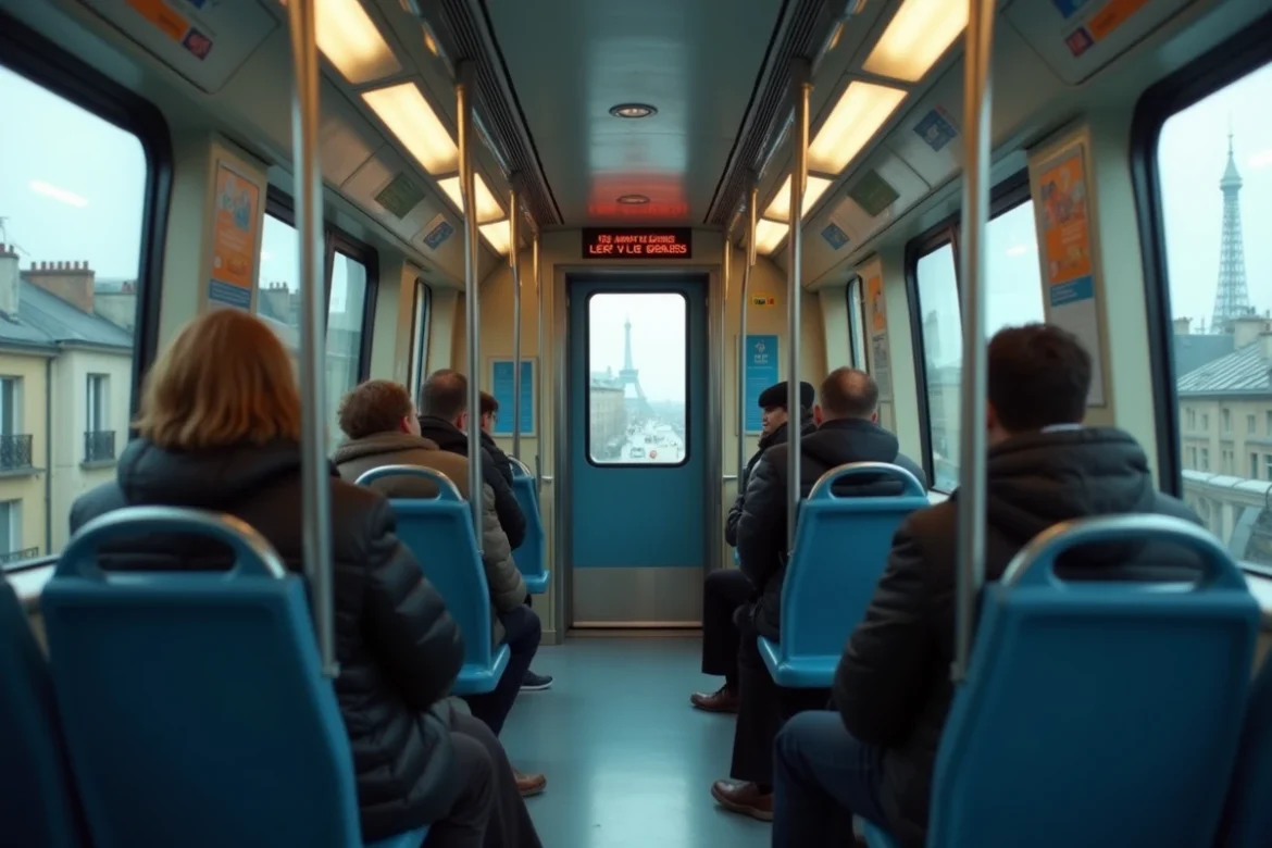 Intérieur d'une rame de la ligne 6 du métro parisien avec vue aérienne sur les toits de Paris