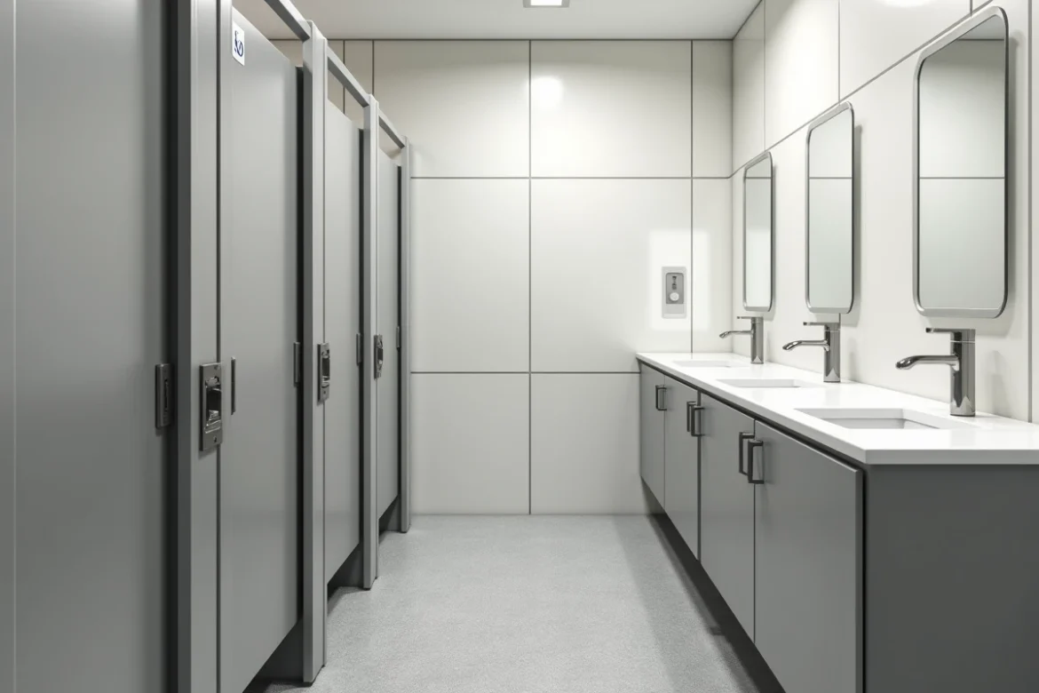 Intérieur propre et moderne de toilettes publiques dans une grande gare ferroviaire avec cabines et lavabos