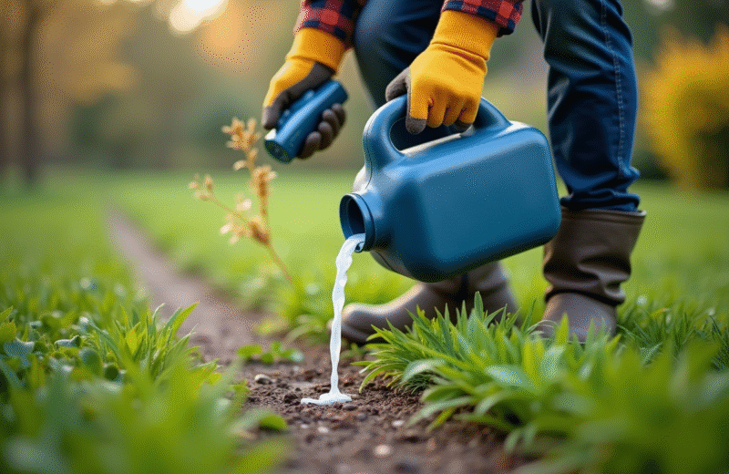 Jardinier versant de l'adblue sur des herbes dans le jardin
