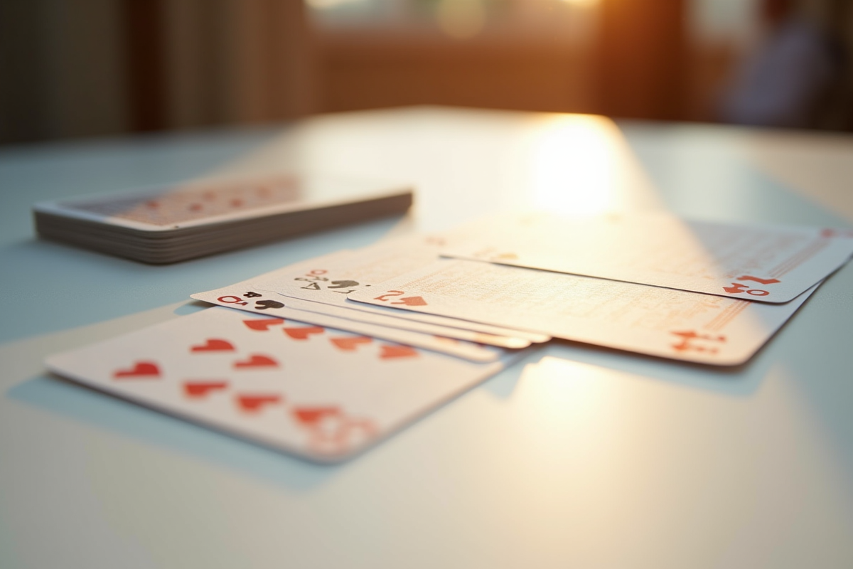 Jeu de cartes et feuilles de score sur une table ensoleillee