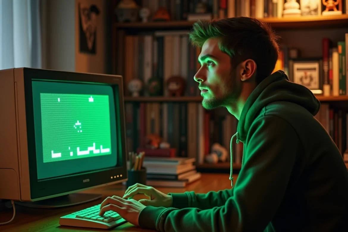 Homme jouant au jeu Snake classique sur un écran CRT vintage, illustrant la nostalgie du jeu rétro en pixels