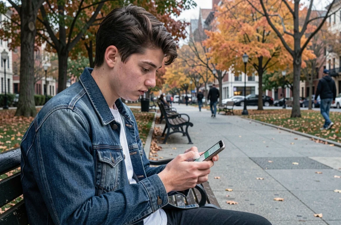Jeune adulte envoyant un message anonyme sur son téléphone dans un parc urbain en automne