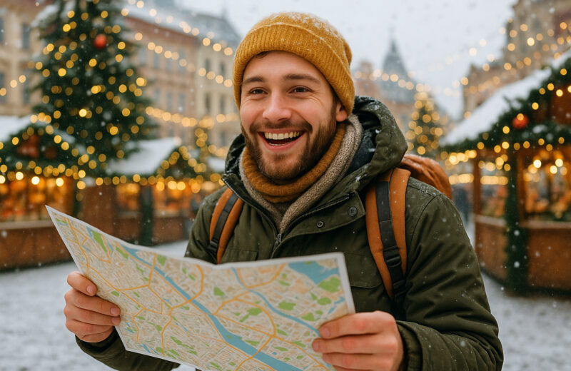 Jeune backpacker devant marché de Noël en Europe