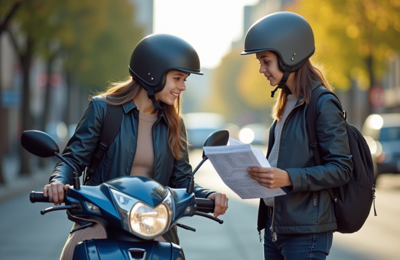 Jeune personne rencontrant un instructeur de conduite scooter en ville