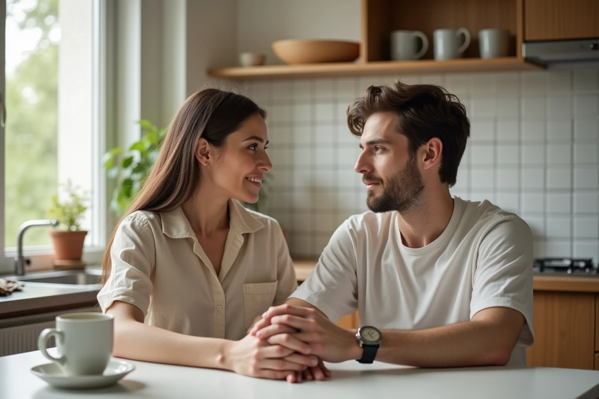 Jeune couple dans une cuisine lumineuse et chaleureuse