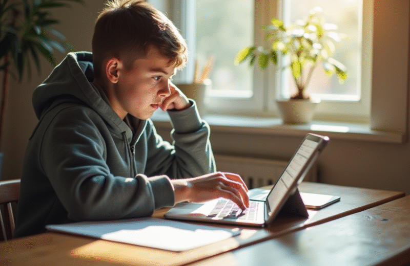 Jeune adulte étudiant avec tablette dans un espace lumineux