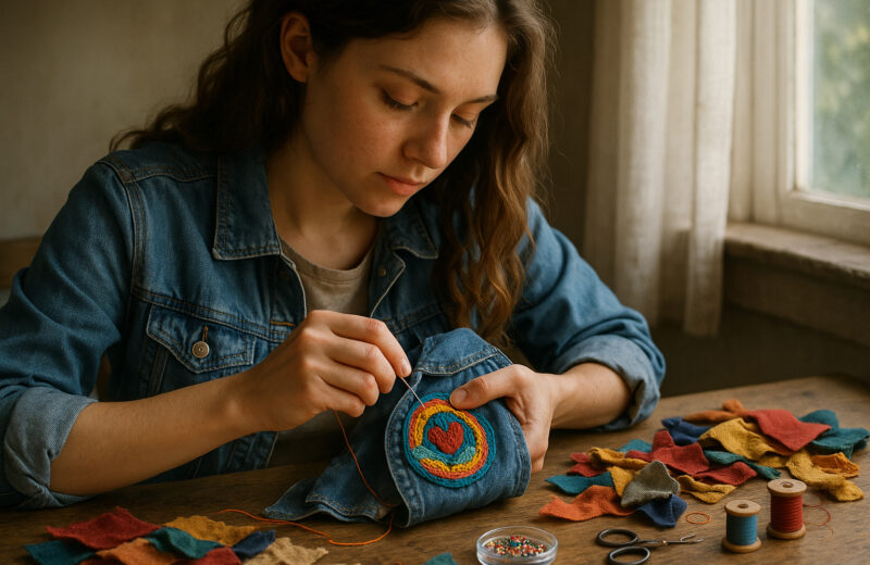 Jeune femme cousant un patch sur sa veste en jean