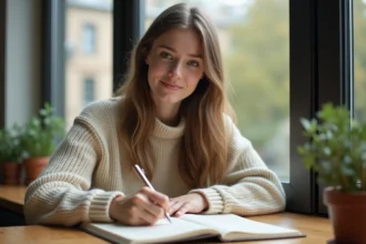 Jeune femme écrivant un poème dans un cahier ensoleillé