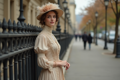 Jeune femme élégante en robe edwardienne dans une rue parisienne