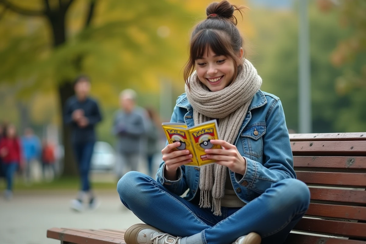 Jeune femme examinant un pack de cartes Pokémon dans un parc