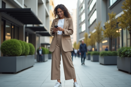 Jeune femme élégante en blazer et pantalon large dans la ville