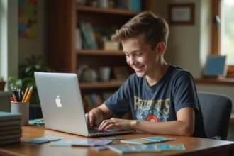 Adolescent souriant entrant un code Pokémon sur son ordinateur