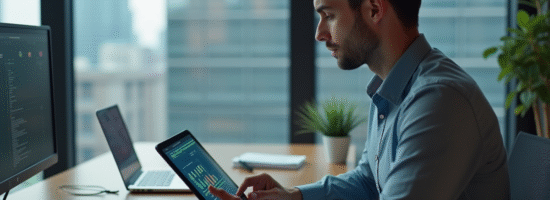 Jeune homme concentré sur un diagramme blockchain sur tablette