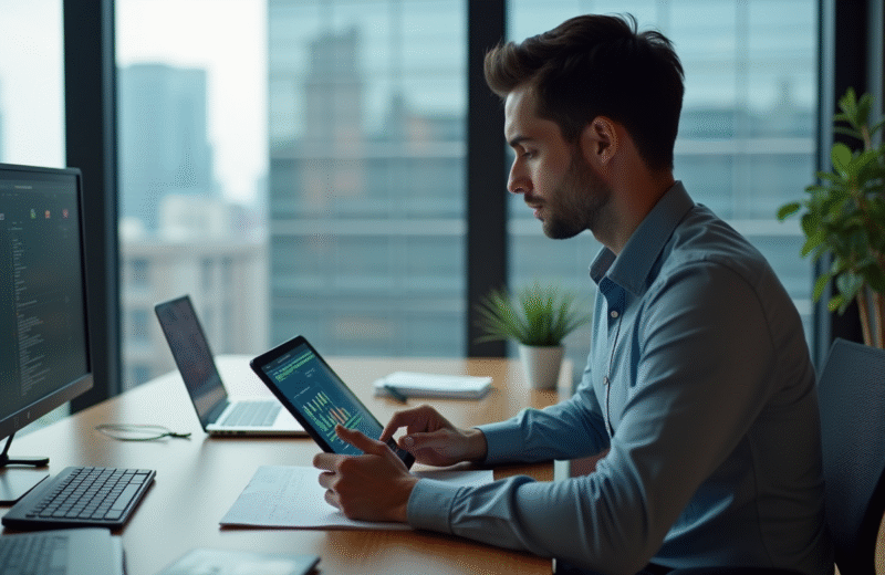 Jeune homme concentré sur un diagramme blockchain sur tablette