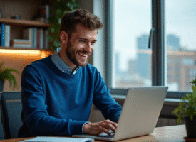 Jeune homme concentré travaillant sur son ordinateur dans un bureau moderne