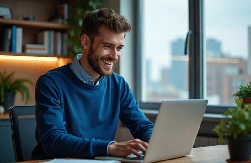 Jeune homme concentré travaillant sur son ordinateur dans un bureau moderne