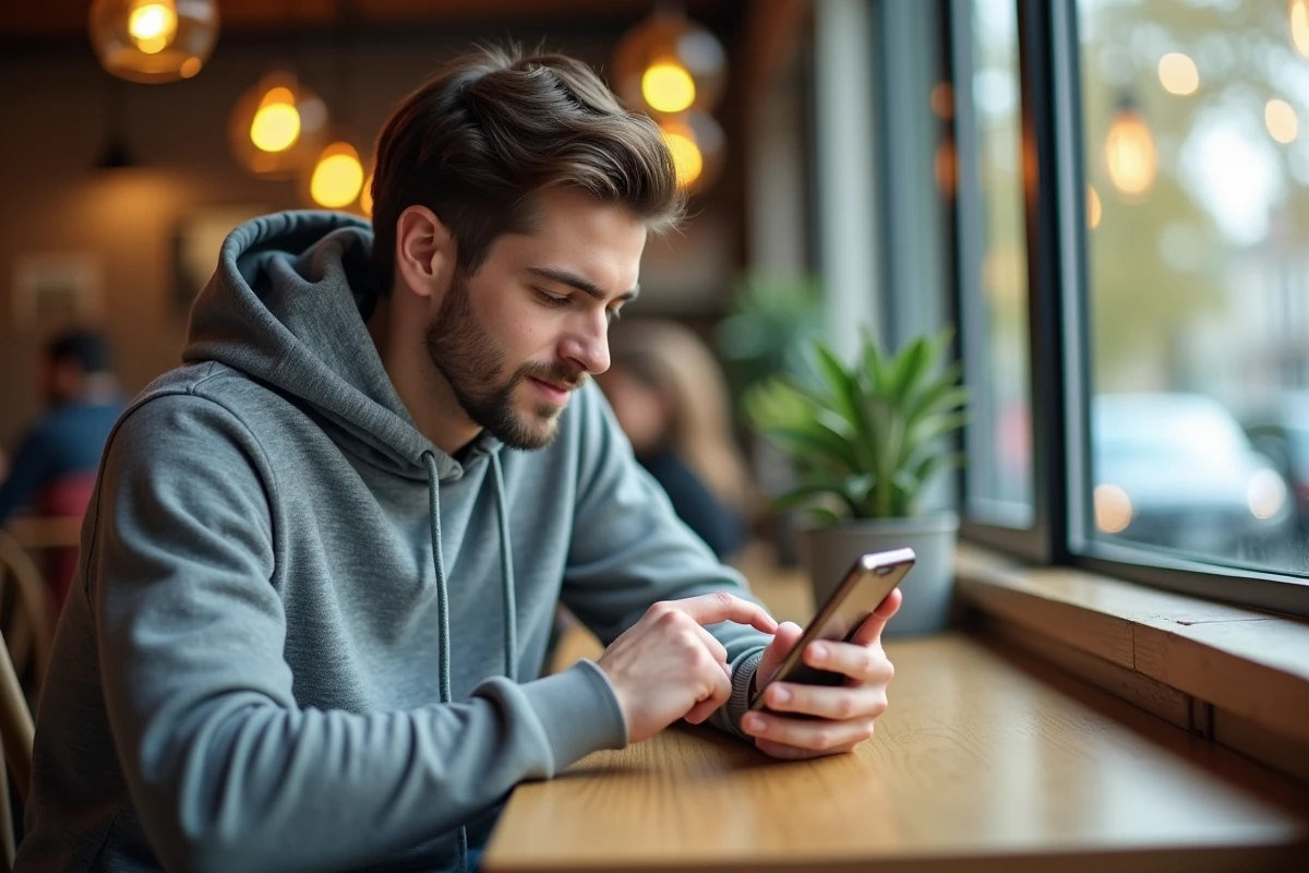Jeune homme au café réglant ses préférences sur son smartphone