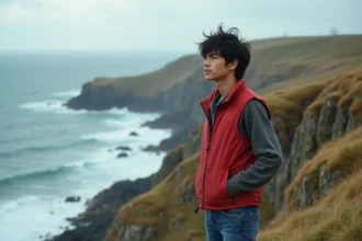 Jeune homme en vest rouge sur une falaise côtière