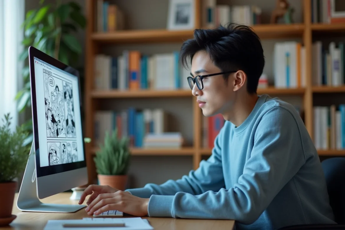Jeune homme lisant un manga sur son ordinateur dans un bureau cosy