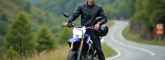 Jeune homme avec casque et moto 125cc en nature