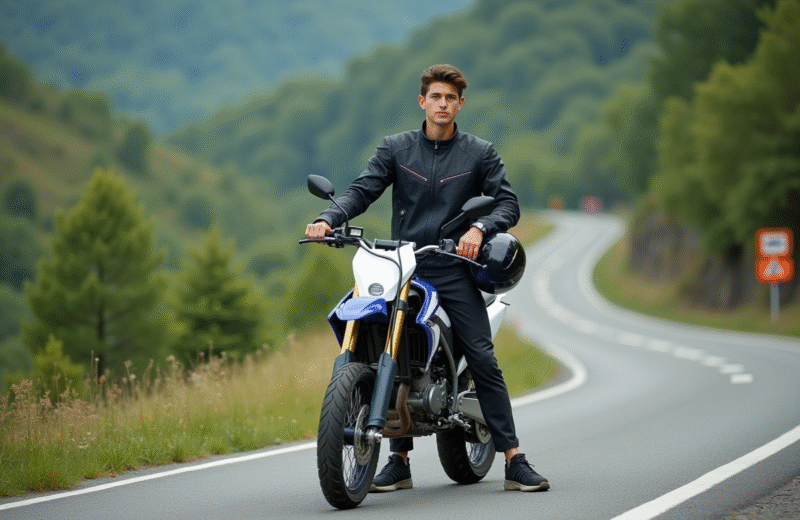 Jeune homme avec casque et moto 125cc en nature