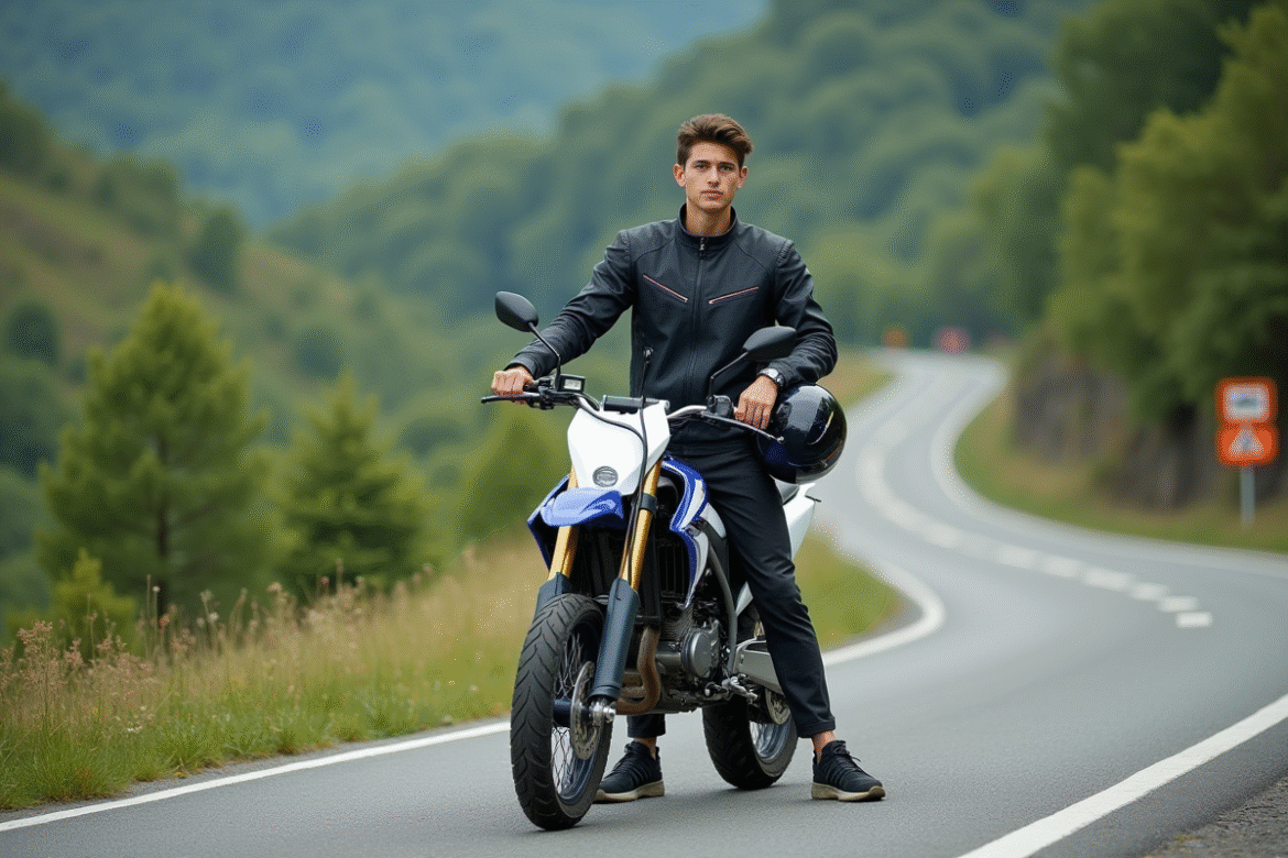 Jeune homme avec casque et moto 125cc en nature