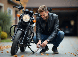 Jeune homme nettoyant la chaîne de sa moto en extérieur