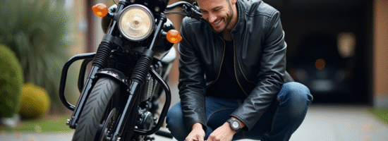 Jeune homme nettoyant la chaîne de sa moto en extérieur