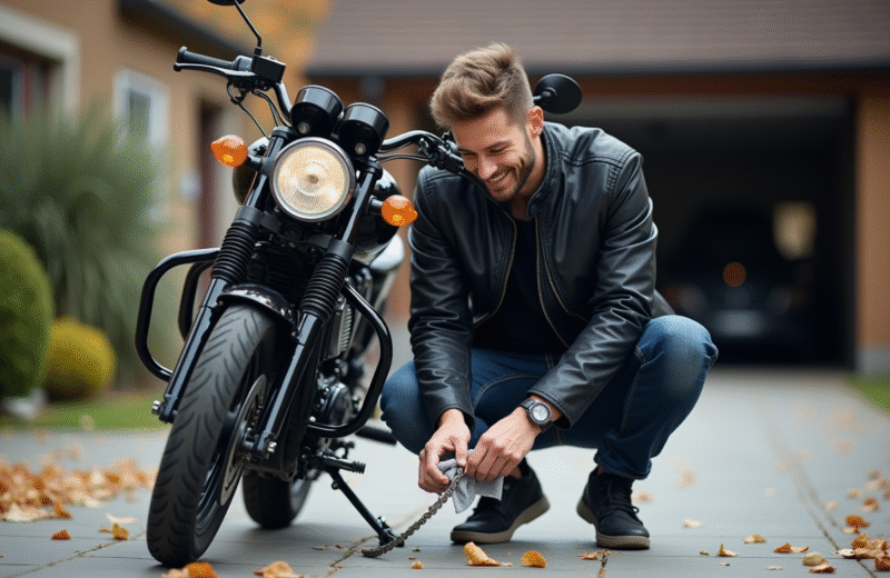 Jeune homme nettoyant la chaîne de sa moto en extérieur