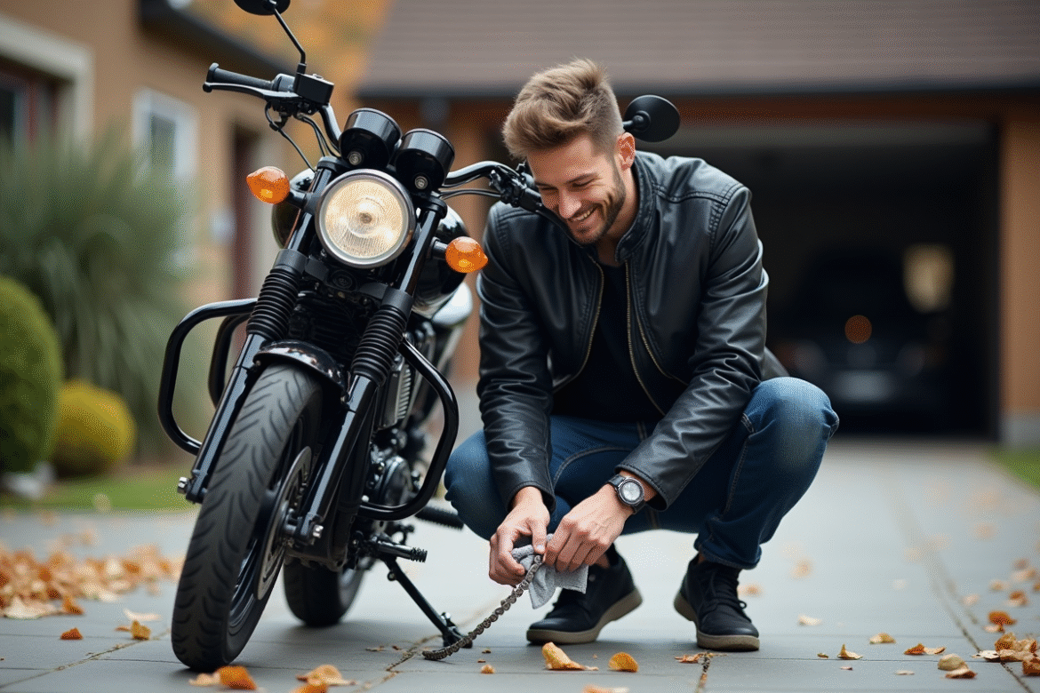 Jeune homme nettoyant la chaîne de sa moto en extérieur