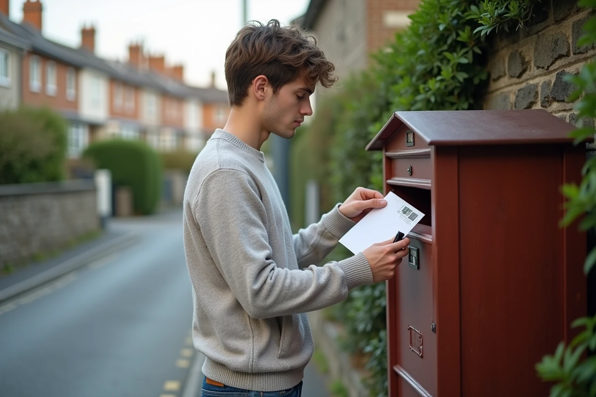 Jeune homme collant un timbre sur une lettre dehors