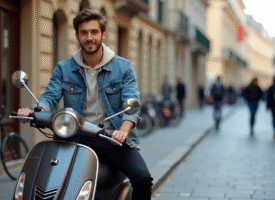 Jeune homme en denim sur scooter en ville