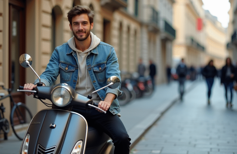 Jeune homme en denim sur scooter en ville