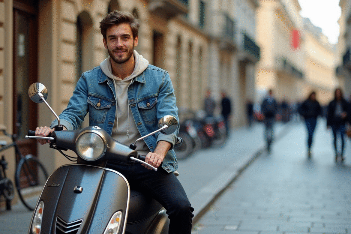 Jeune homme en denim sur scooter en ville
