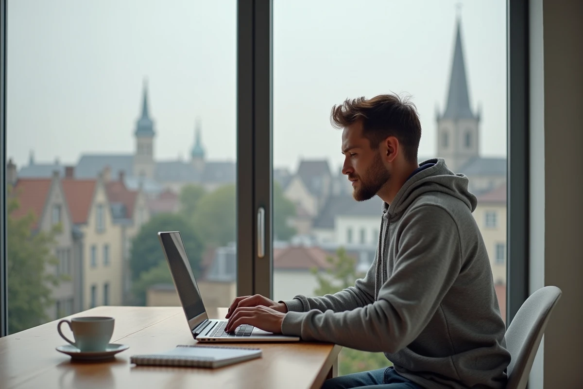 Jeune homme travaillant sur son ordinateur dans un appartement à Caen