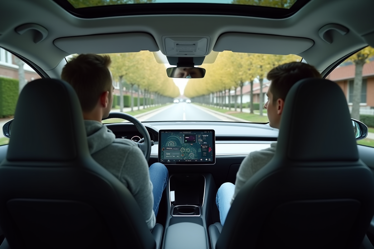 Jeune homme dans une voiture autonome en banlieue