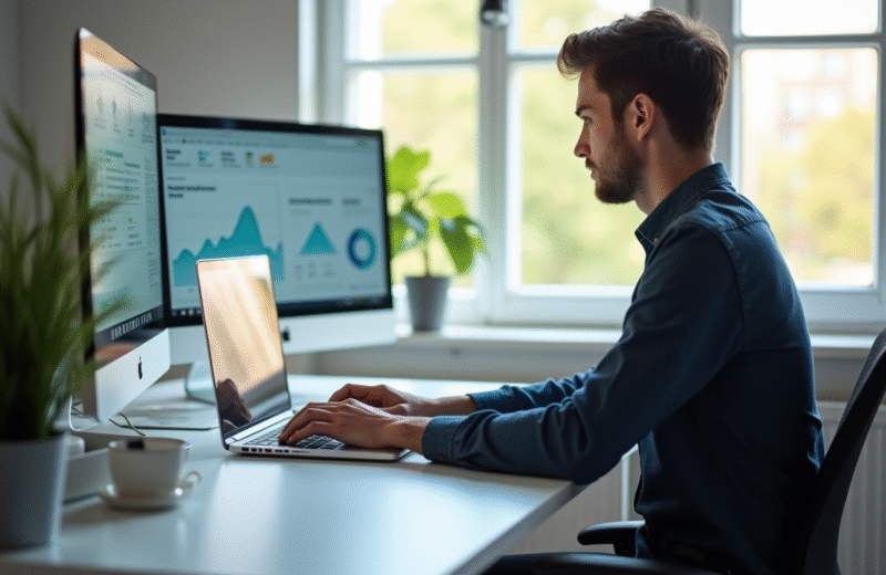 Jeune professionnel travaillant sur un bureau moderne avec un laptop
