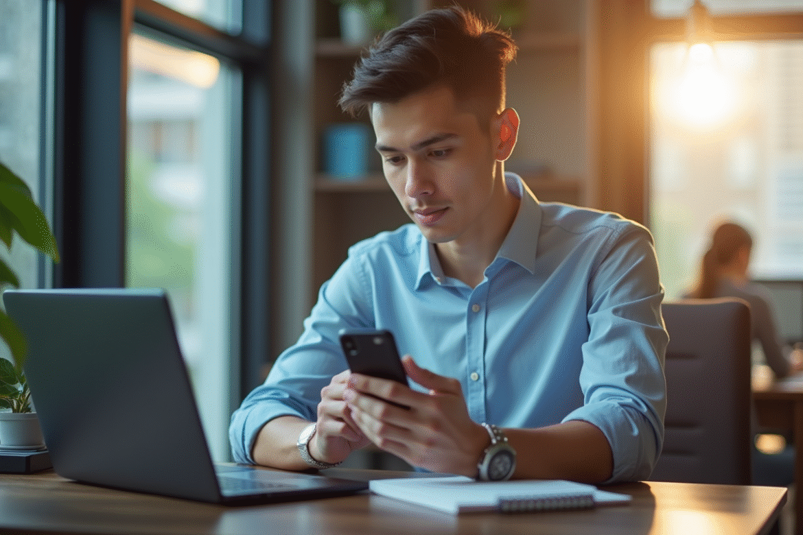 Jeune professionnel utilisant smartphone et ordinateur dans un bureau lumineux