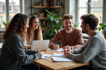 Quatre jeunes adultes discutent dans un appartement parisien