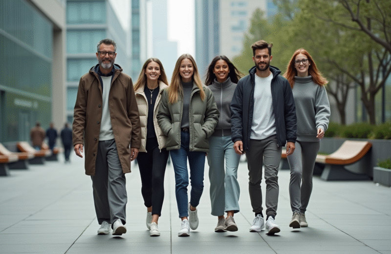 Groupe de jeunes adultes en mode futuriste dans une ville moderne