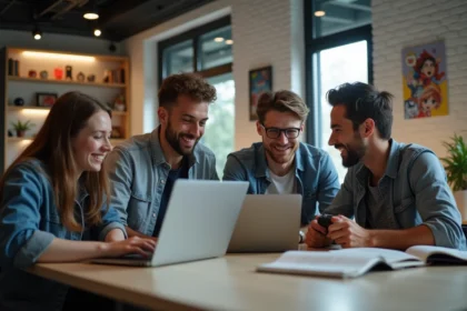 Groupe de jeunes adultes en coworking avec comics et laptops