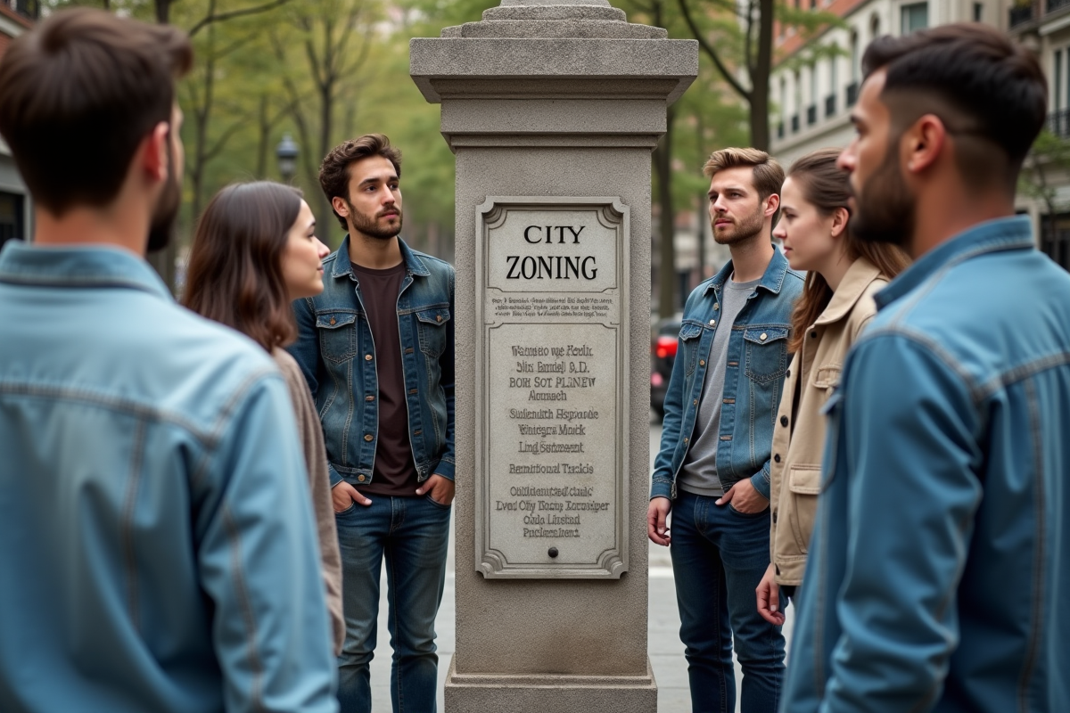 Groupe de jeunes regardant un panneau de zonage urbain en plein air