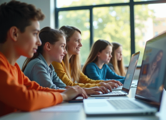 Groupe d'élèves au lycée collaborant autour d'un bureau lumineux
