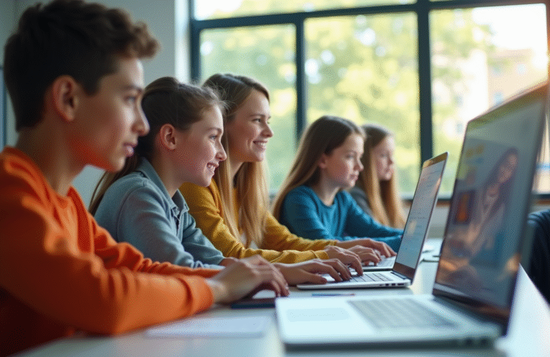 Groupe d'élèves au lycée collaborant autour d'un bureau lumineux